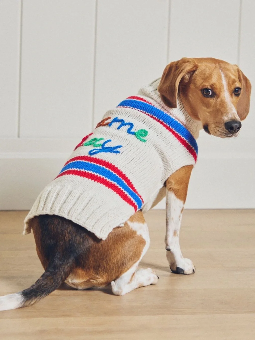 Anthropologie Cream Knit‎ Dog Sweater with Red & Blue Stripes